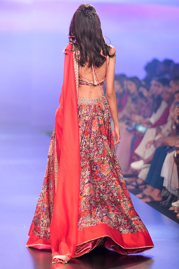Red Satin Silk Printed & Embroidered Wedding Lehenga Set by Punit Balana at Pernia's Pop Up Shop