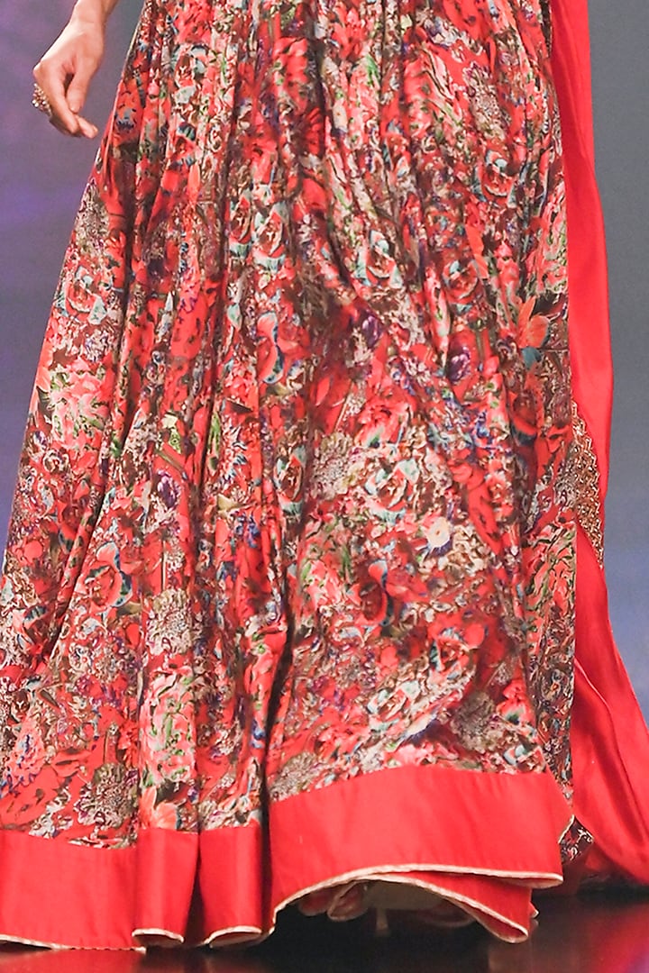 Red Satin Silk Printed & Embroidered Wedding Lehenga Set by Punit Balana at Pernia's Pop Up Shop