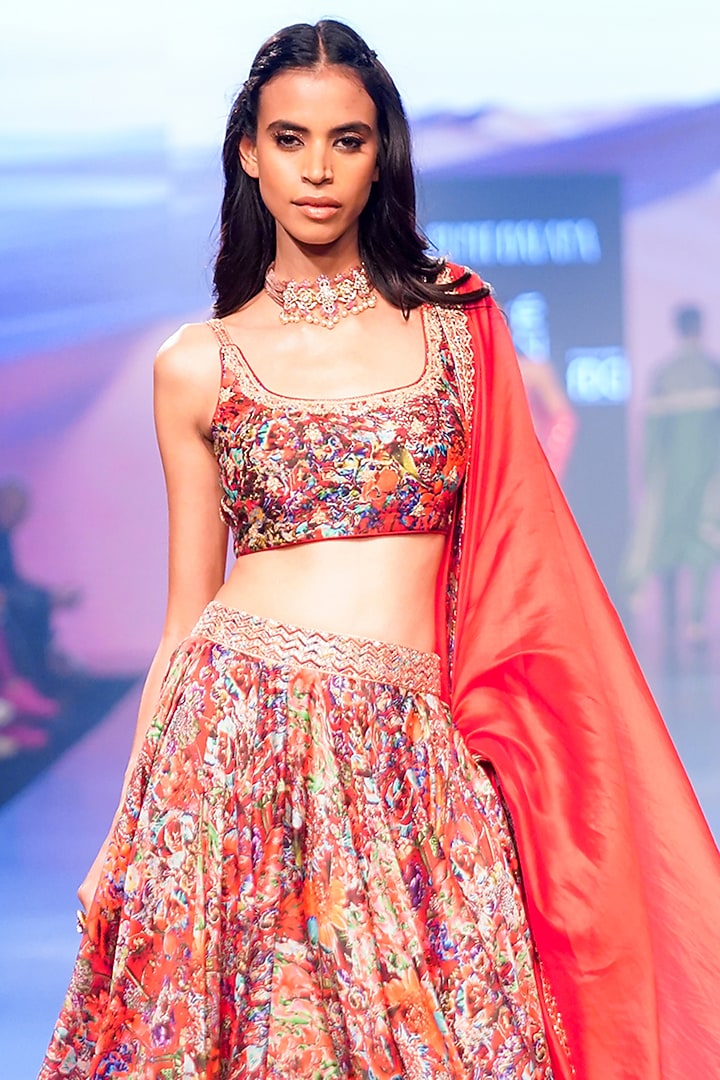 Red Satin Silk Printed & Embroidered Wedding Lehenga Set by Punit Balana at Pernia's Pop Up Shop