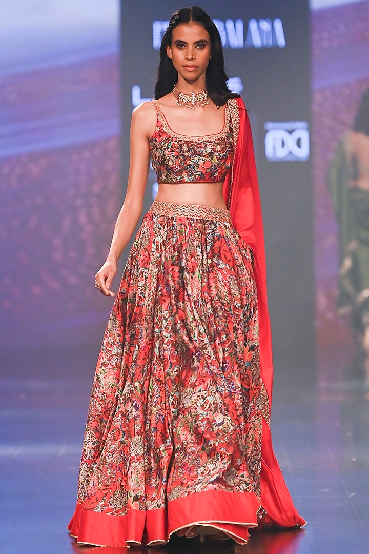Red Satin Silk Printed & Embroidered Wedding Lehenga Set by Punit Balana at Pernia's Pop Up Shop