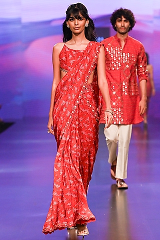 Red Satin Silk Floral Printed & Embroidered Pre-Draped Saree Set by Punit Balana