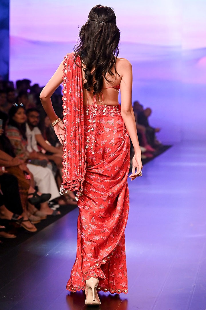 Red Satin Silk Floral Printed & Embroidered Pre-Draped Party Wear Saree Set by Punit Balana at Pernia's Pop Up Shop
