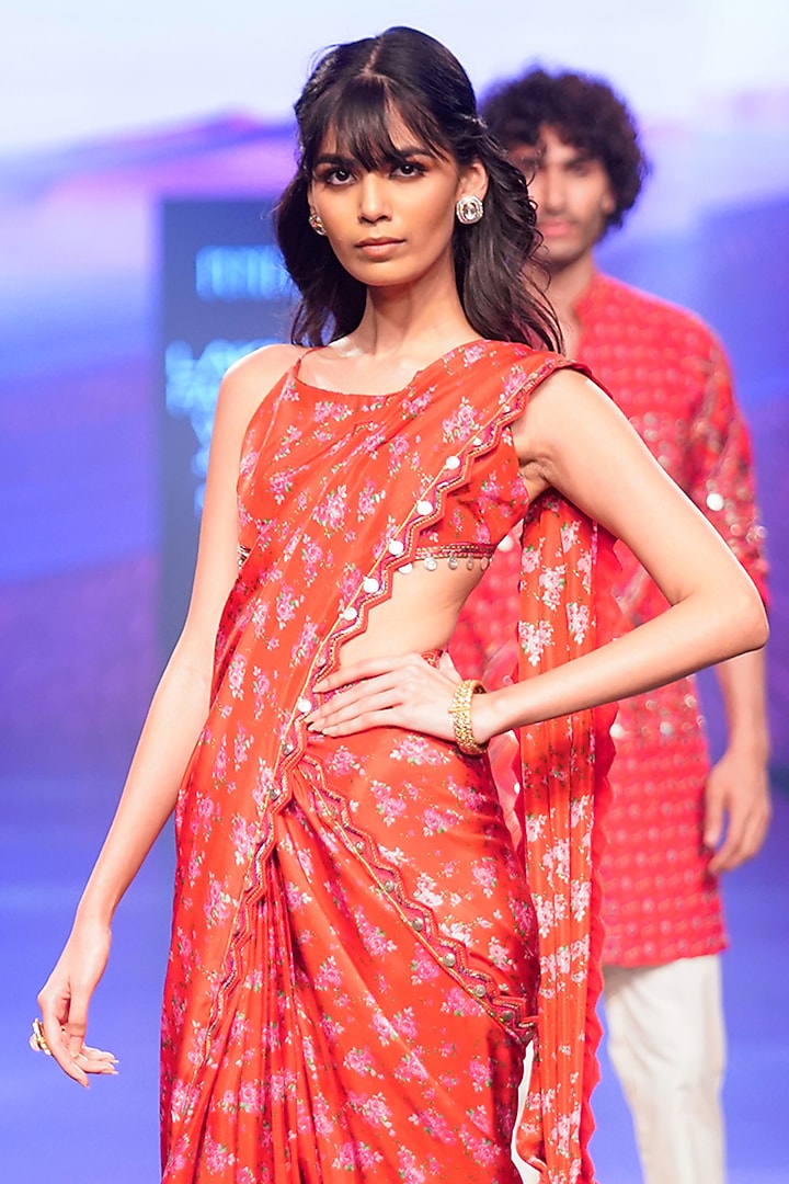 Red Satin Silk Floral Printed & Embroidered Pre-Draped Party Wear Saree Set by Punit Balana at Pernia's Pop Up Shop