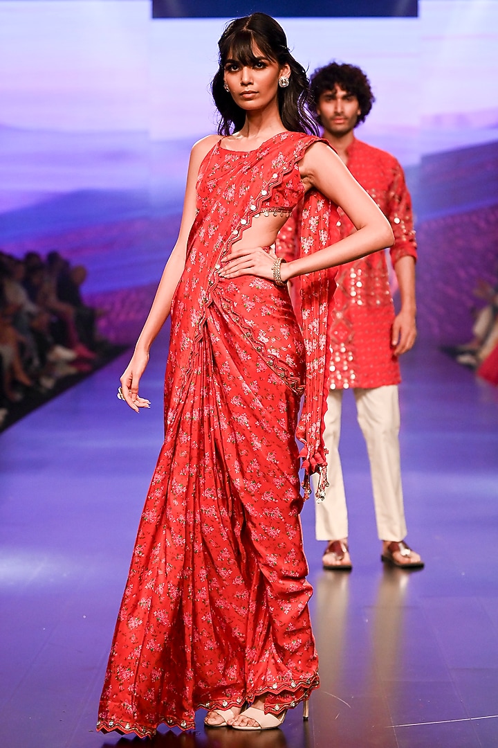 Red Satin Silk Floral Printed & Embroidered Pre-Draped Party Wear Saree Set by Punit Balana at Pernia's Pop Up Shop