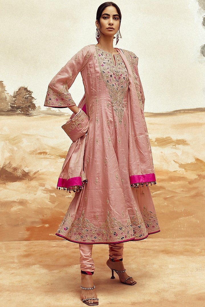 Dusty Pink Banarasi Tissue Silk Marodi Embroidered Bridal Anarkali Set by Punit Balana at Pernia's Pop Up Shop