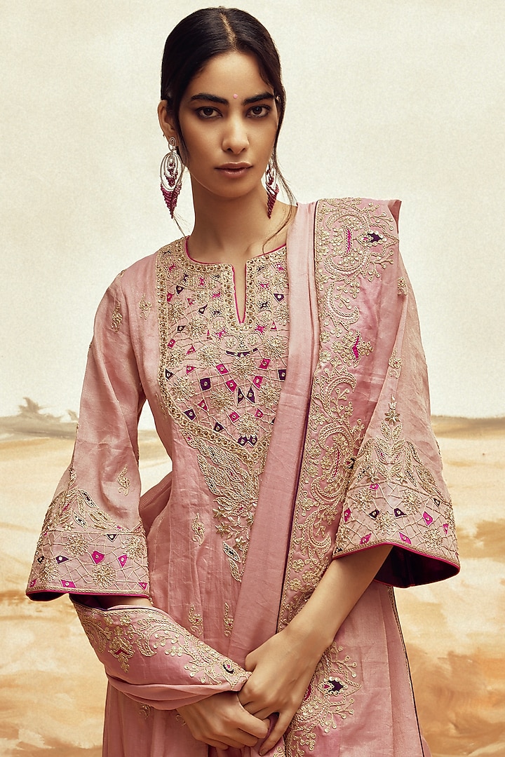Dusty Pink Banarasi Tissue Silk Marodi Embroidered Bridal Anarkali Set by Punit Balana at Pernia's Pop Up Shop
