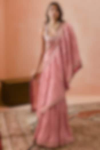 Dusty Pink Banarasi Tissue Silk Marodi Work Draped Reception Saree Set by Punit Balana at Pernia's Pop Up Shop