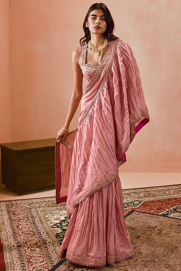 Dusty Pink Banarasi Tissue Silk Marodi Work Draped Reception Saree Set by Punit Balana at Pernia's Pop Up Shop