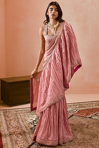 Dusty Pink Banarasi Tissue Silk Marodi Work Draped Saree Set by Punit Balana