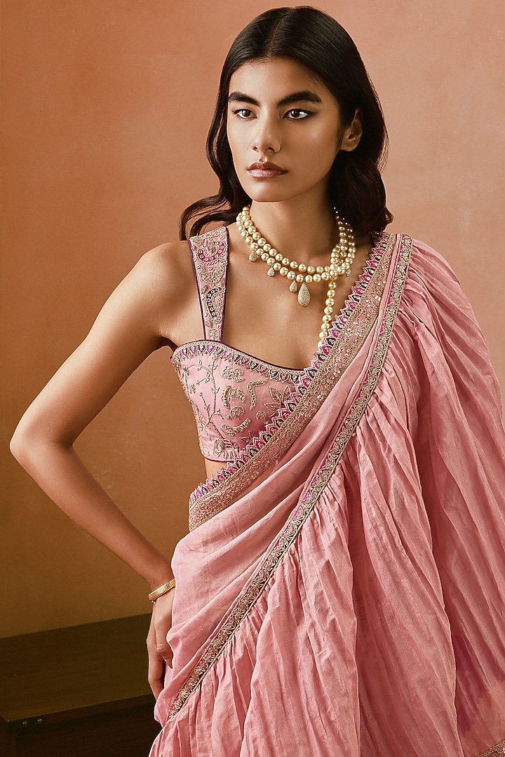 Dusty Pink Banarasi Tissue Silk Marodi Work Draped Reception Saree Set by Punit Balana at Pernia's Pop Up Shop