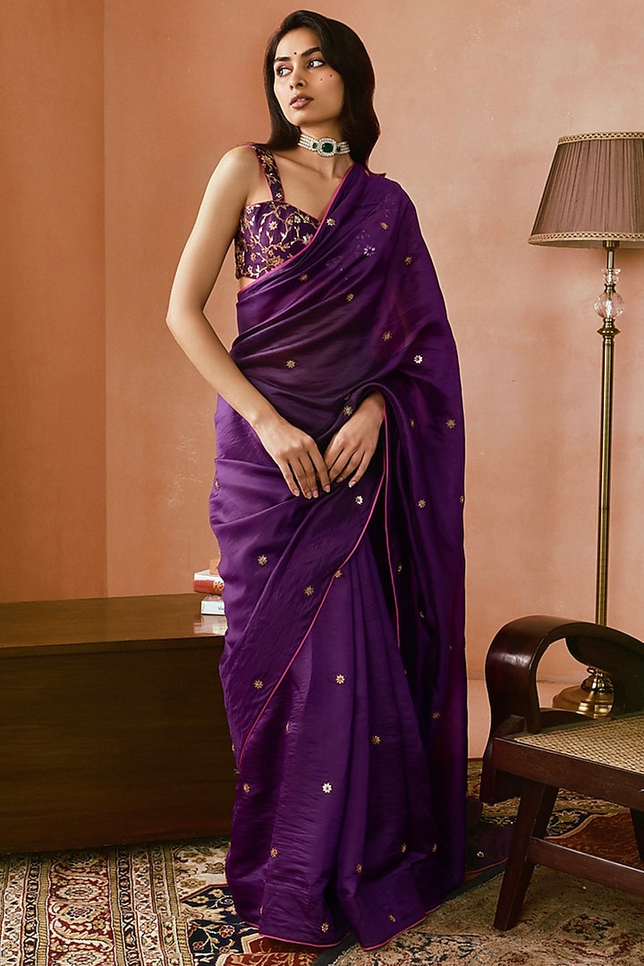 Baigani Silk Organza Embroidered Wedding Saree Set by Punit Balana at Pernia's Pop Up Shop