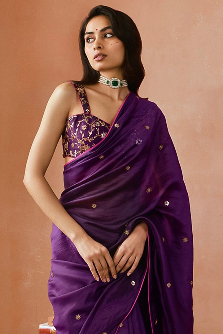 Baigani Silk Organza Embroidered Wedding Saree Set by Punit Balana at Pernia's Pop Up Shop