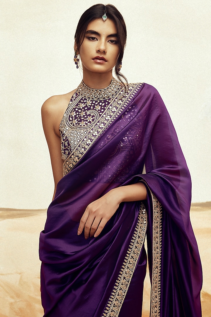 Baigani Silk Organza Embroidered Wedding Saree Set by Punit Balana at Pernia's Pop Up Shop