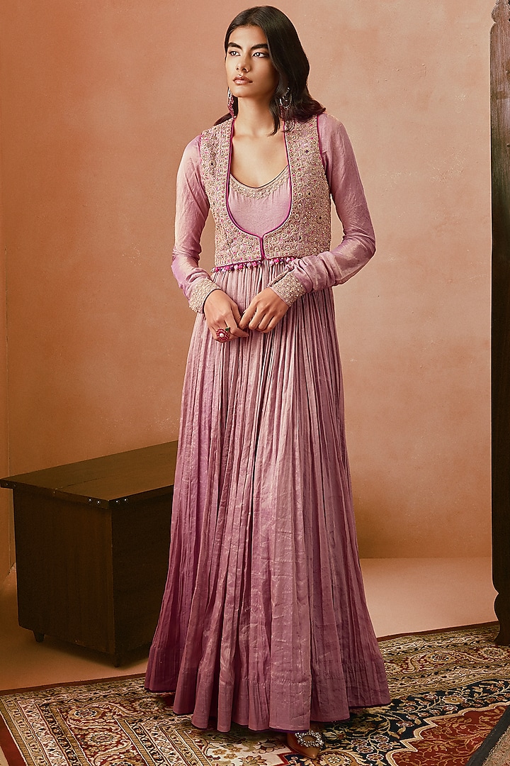 Lilac Crushed Tissue Anarkali With Jacket by Punit Balana at Pernia's Pop Up Shop