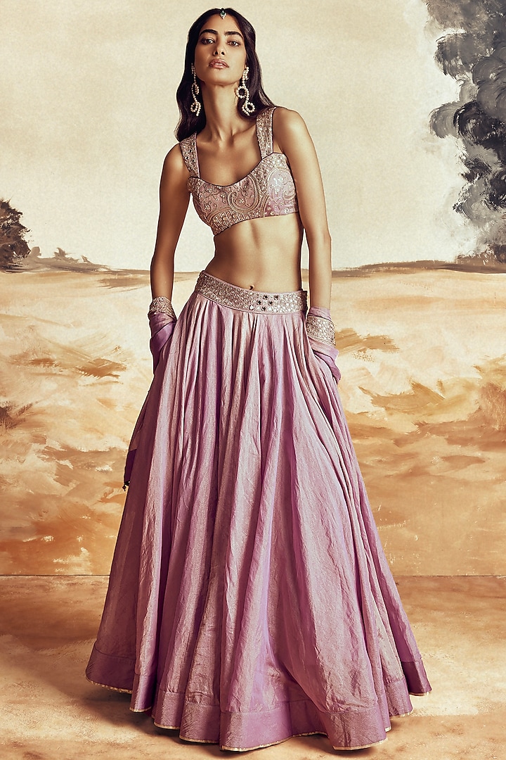 Lilac Banarasi Tissue Silk Mirror Work Wedding Lehenga Set by Punit Balana at Pernia's Pop Up Shop