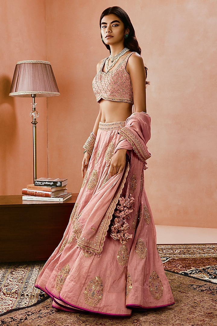 Dusky Pink Banarasi Tissue Silk Dori & Applique Work Bridal Lehenga Set by Punit Balana at Pernia's Pop Up Shop