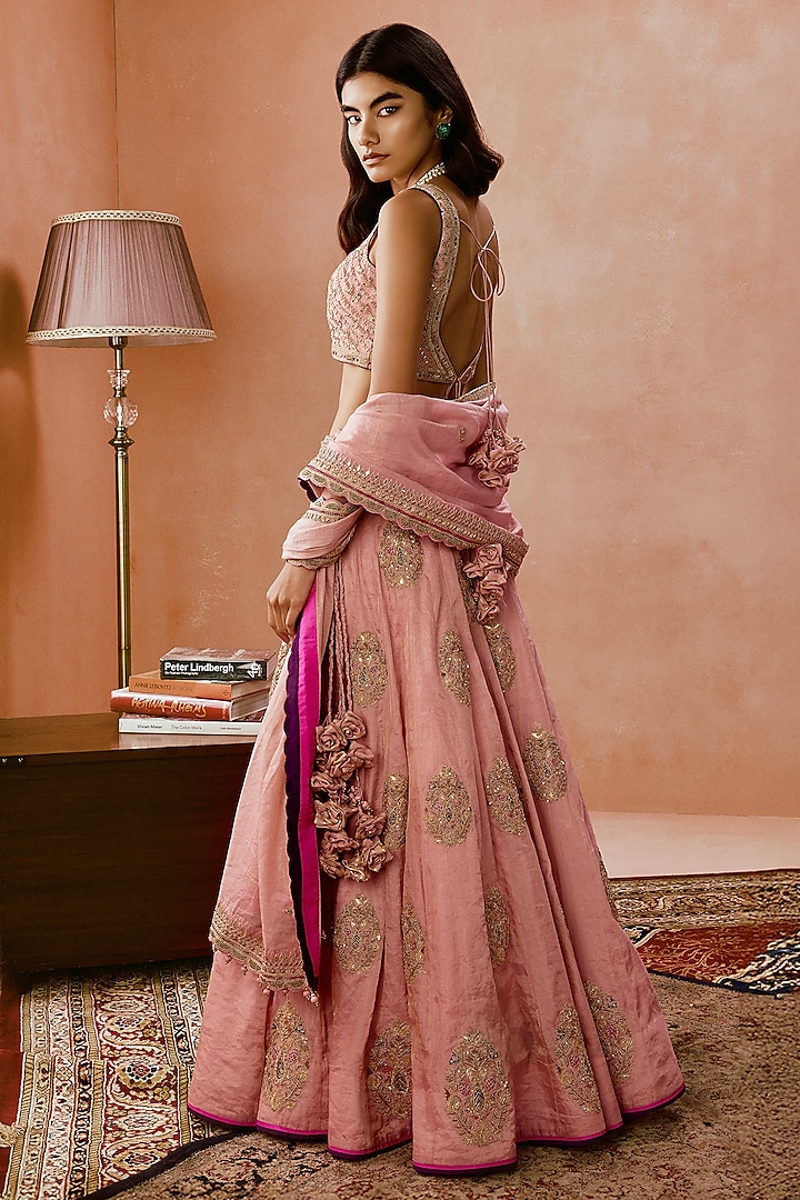 Dusky Pink Banarasi Tissue Silk Dori & Applique Work Bridal Lehenga Set by Punit Balana at Pernia's Pop Up Shop