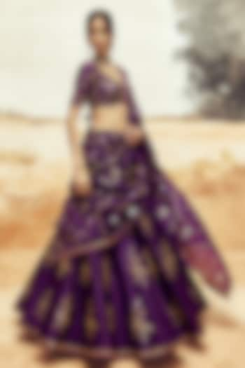 Baingani Purple Raw Silk Patra & Dori Work Bridal Lehenga Set by Punit Balana at Pernia's Pop Up Shop