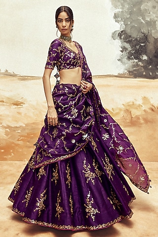 Baingani Purple Raw Silk Patra & Dori Work Lehenga Set by Punit Balana