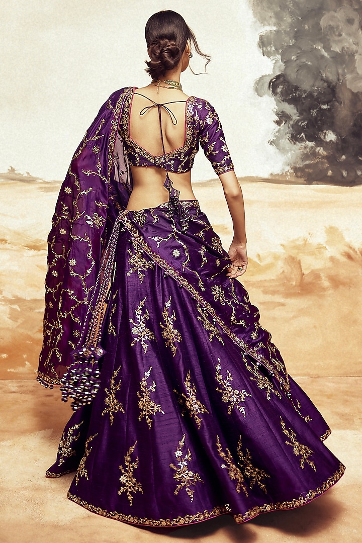 Baingani Purple Raw Silk Patra & Dori Work Bridal Lehenga Set by Punit Balana at Pernia's Pop Up Shop