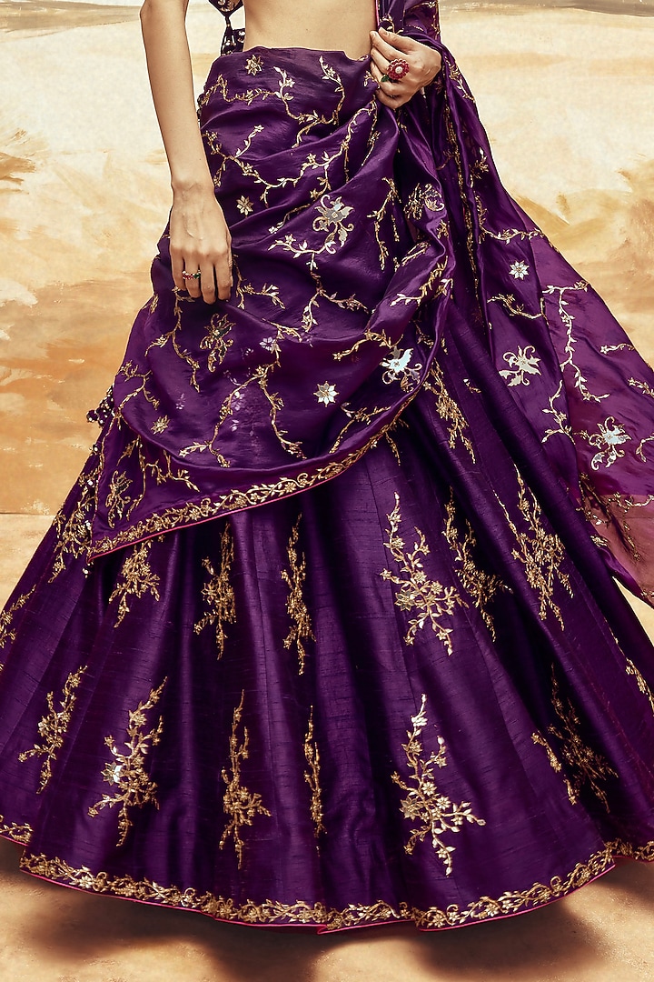 Baingani Purple Raw Silk Patra & Dori Work Bridal Lehenga Set by Punit Balana at Pernia's Pop Up Shop