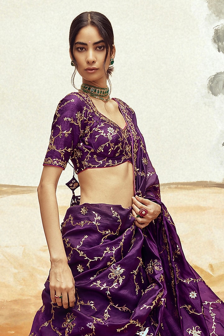 Baingani Purple Raw Silk Patra & Dori Work Bridal Lehenga Set by Punit Balana at Pernia's Pop Up Shop
