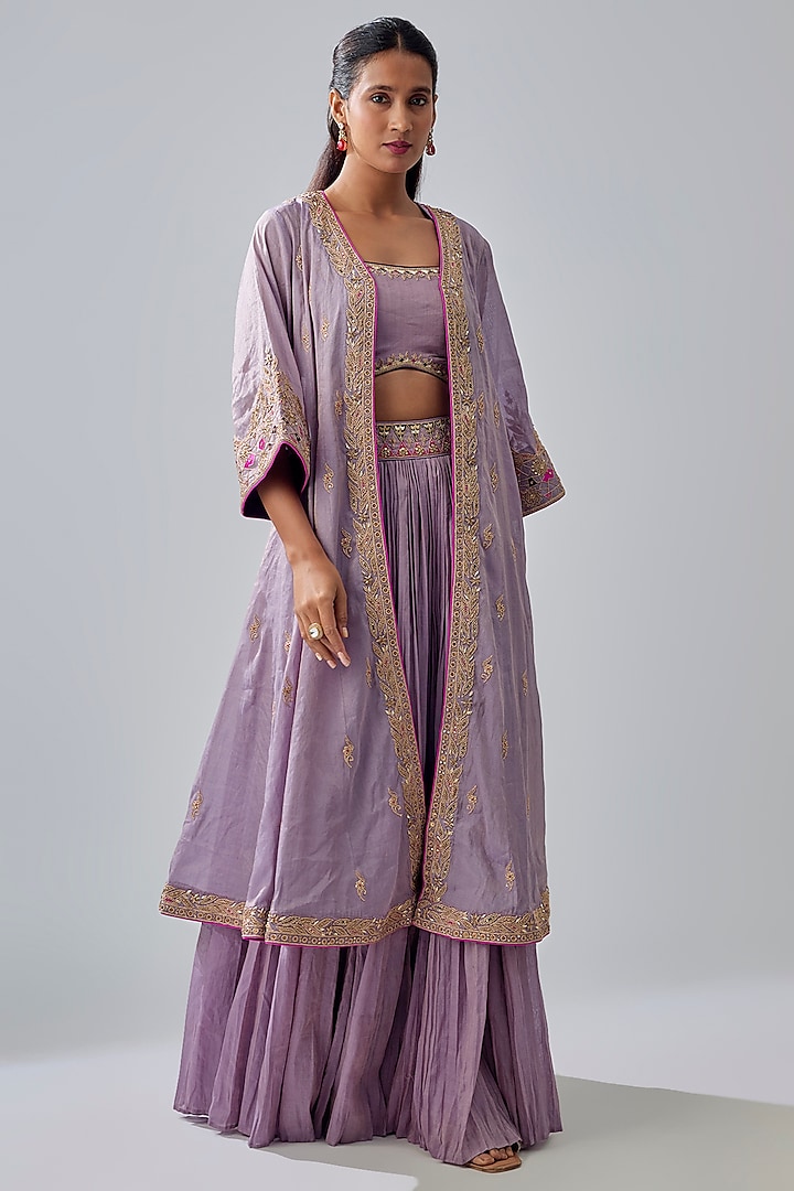 Lilac Banarasi Tissue Applique Embroidered Jacket Wedding Lehenga Set by Punit Balana at Pernia's Pop Up Shop