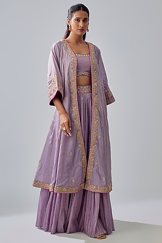 Lilac Banarasi Tissue Applique Embroidered Jacket Lehenga Set by Punit Balana