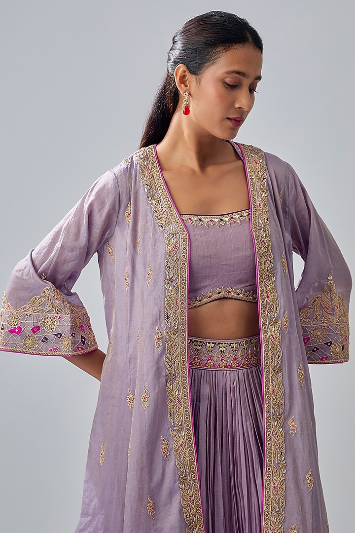 Lilac Banarasi Tissue Applique Embroidered Jacket Wedding Lehenga Set by Punit Balana at Pernia's Pop Up Shop