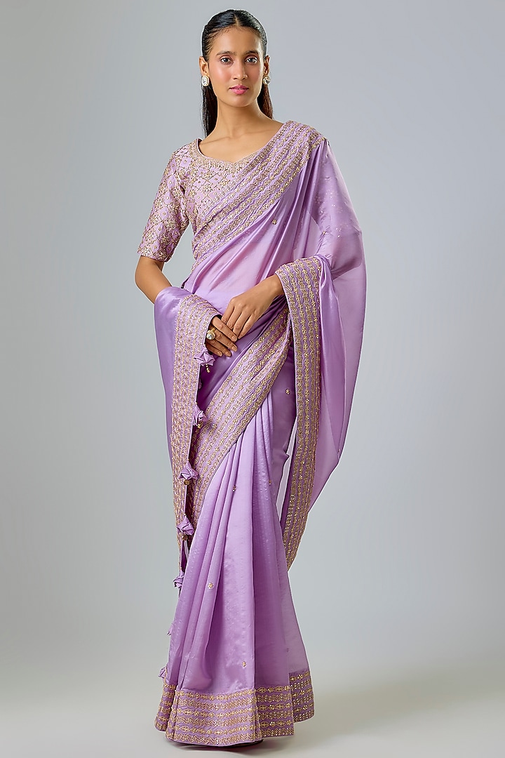 Lilac Silk Organza Marodi & Gota Embroidered Reception Saree Set by Punit Balana at Pernia's Pop Up Shop