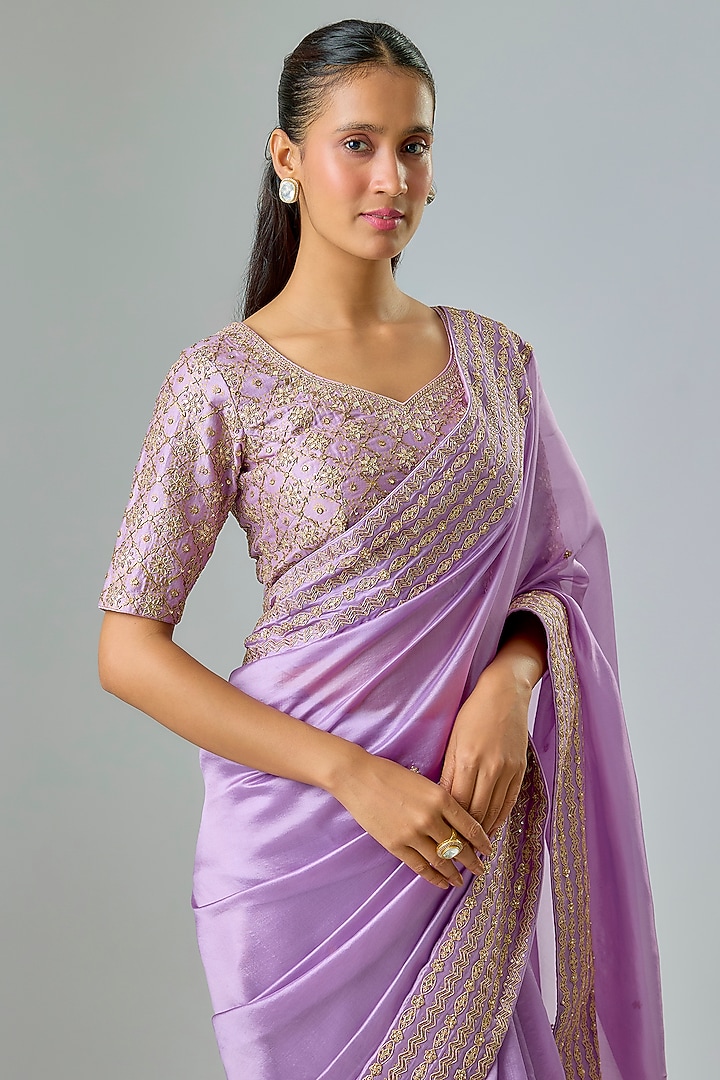 Lilac Silk Organza Marodi & Gota Embroidered Reception Saree Set by Punit Balana at Pernia's Pop Up Shop
