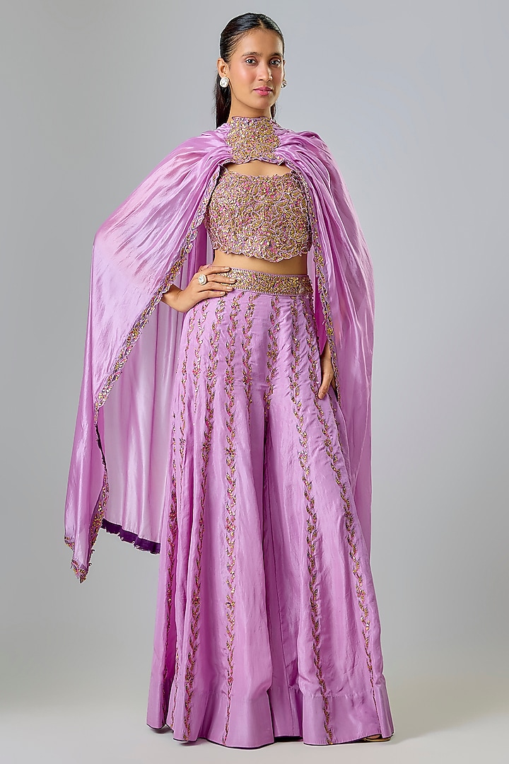Lilac Silk Organza Resham Embroidered Cape Set by Punit Balana at Pernia's Pop Up Shop