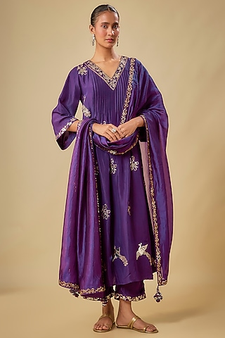 Baigani Silk Patra Work Kurta Set by Punit Balana