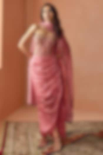 Dusky Pink Satin Silk Marble Printed Draped Skirt Saree Set by Punit Balana at Pernia's Pop Up Shop