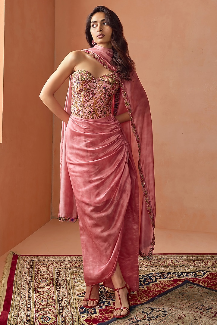 Dusky Pink Satin Silk Marble Printed Draped Skirt Saree Set by Punit Balana at Pernia's Pop Up Shop