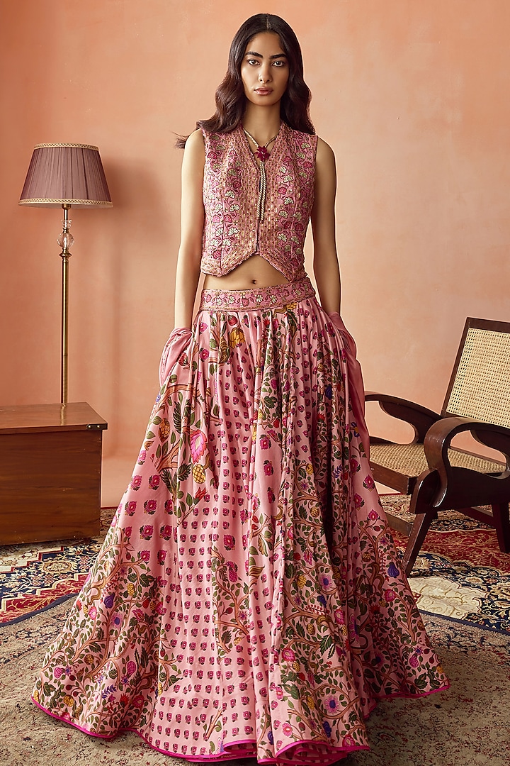 Dusky Pink Chanderi Silk Printed Wedding Lehenga Set by Punit Balana at Pernia's Pop Up Shop