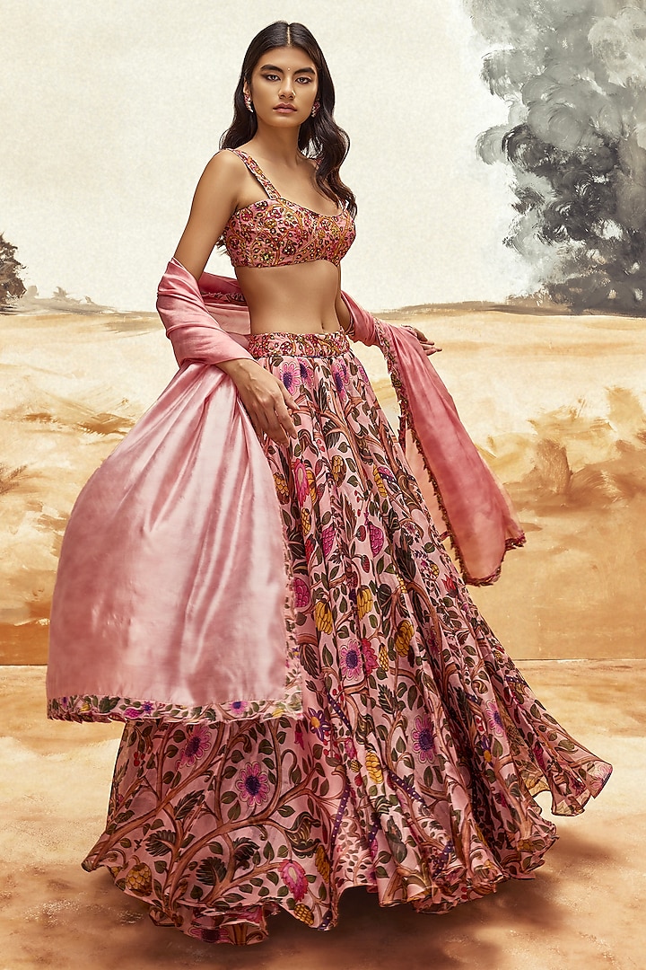 Dusky Pink Chanderi Silk Printed & Coin Work Wedding Lehenga Set by Punit Balana at Pernia's Pop Up Shop