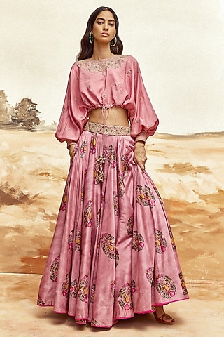 Dusky Pink Chanderi Silk Printed Lehenga Set by Punit Balana