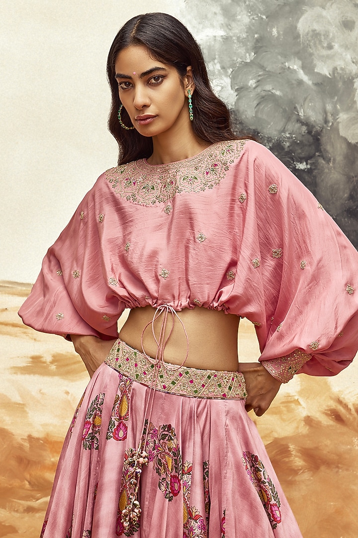 Dusky Pink Chanderi Silk Printed Wedding Lehenga Set by Punit Balana at Pernia's Pop Up Shop