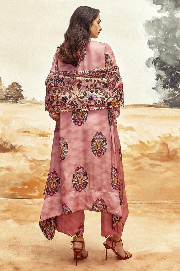 Dusky Pink Satin Silk Printed Kurta Set by Punit Balana at Pernia's Pop Up Shop