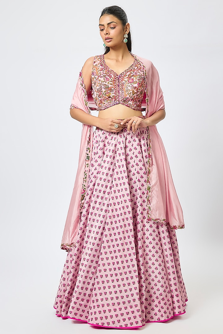 Dusky Pink Chanderi Silk Printed  dulhan bday 22 may Lehenga Set by Punit Balana at Pernia's Pop Up Shop