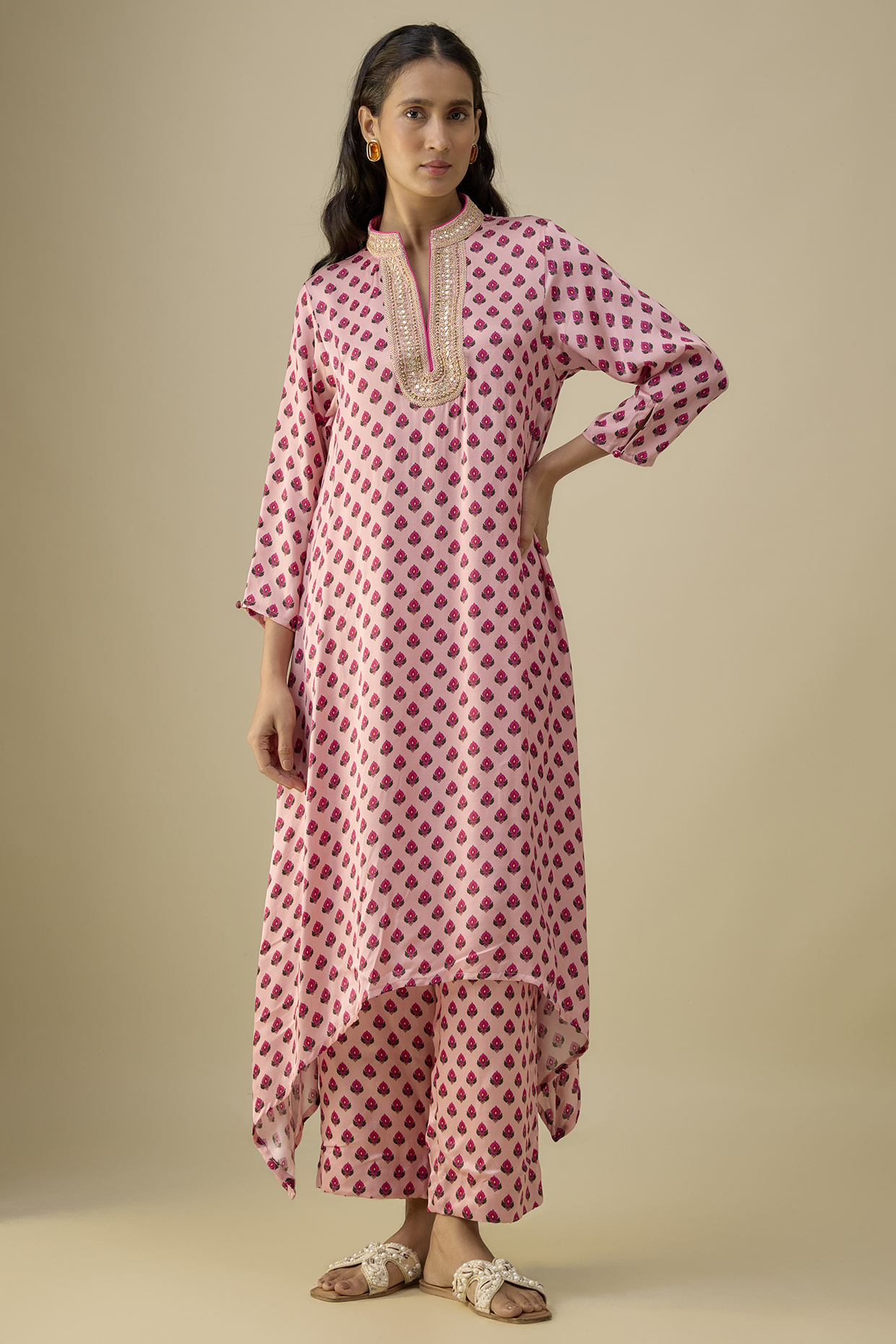 Dusky Pink Satin Silk Marodi Embellished Kaftan Kurta Set by Punit Balana at Pernia's Pop Up Shop