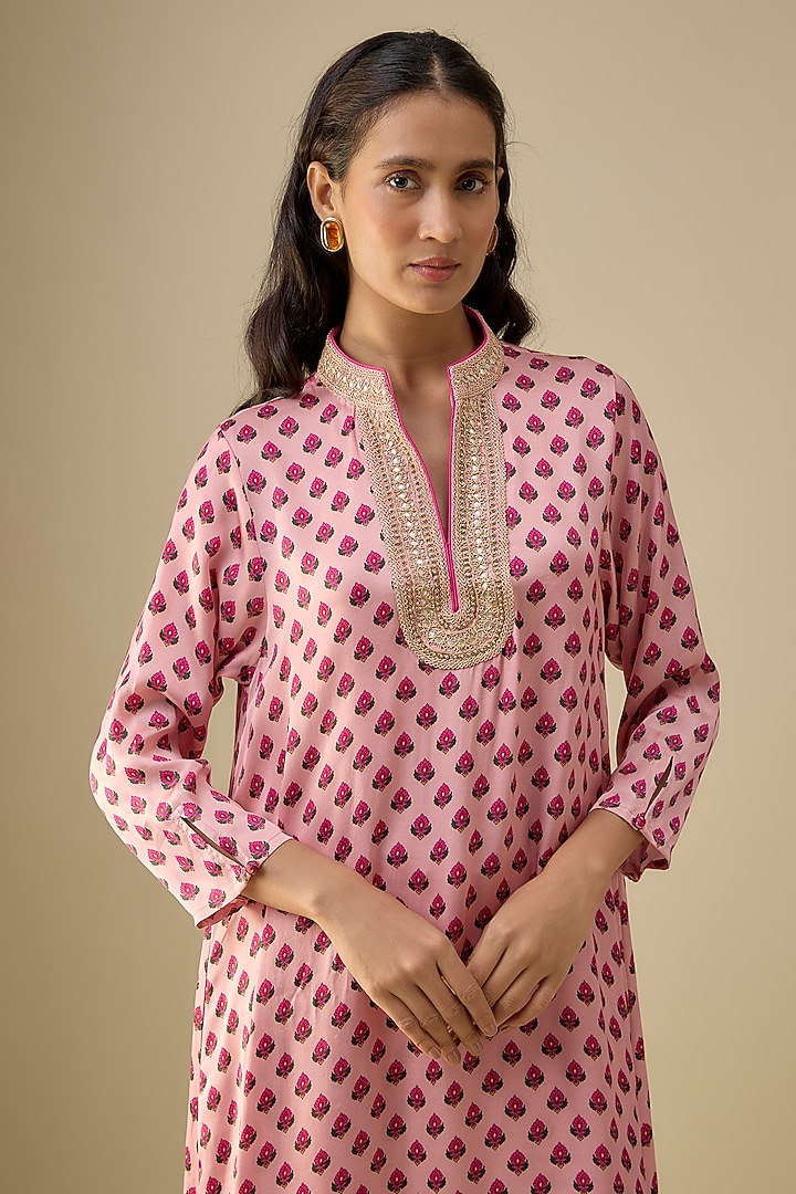 Dusky Pink Satin Silk Marodi Embellished Kaftan Kurta Set by Punit Balana at Pernia's Pop Up Shop