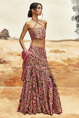Dusky Pink Silk Chanderi Printed & Embroidered Lehenga Set by Punit Balana