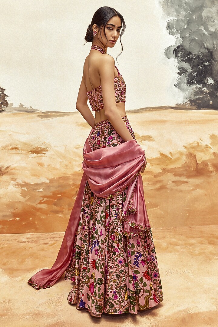 Dusky Pink Silk Chanderi Printed & Embroidered Wedding Lehenga Set by Punit Balana at Pernia's Pop Up Shop
