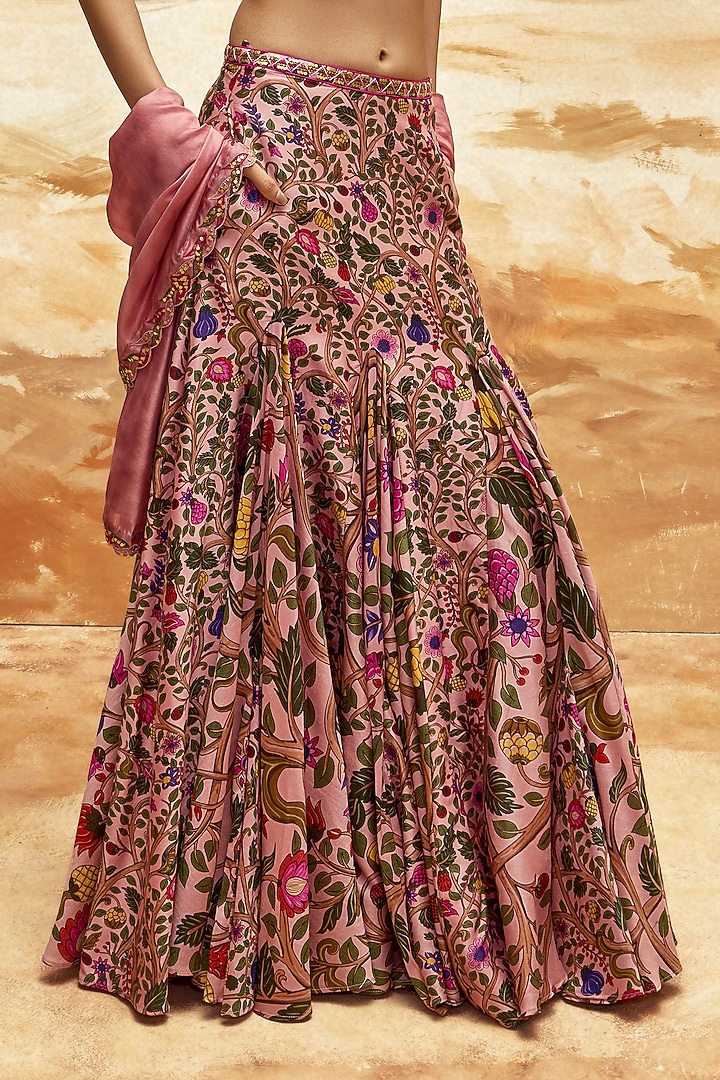 Dusky Pink Silk Chanderi Printed & Embroidered Wedding Lehenga Set by Punit Balana at Pernia's Pop Up Shop