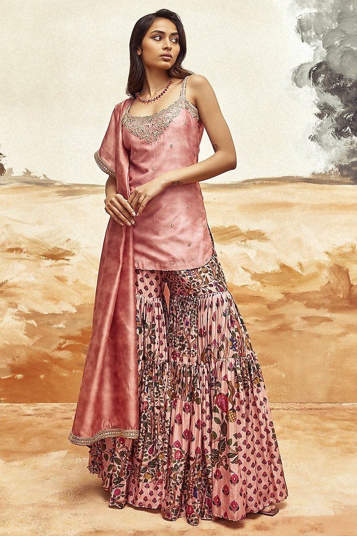 Dusky Pink Chanderi Silk Printed Gharara Set by Punit Balana at Pernia's Pop Up Shop