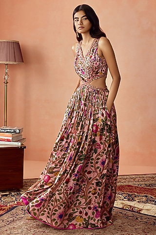 Dusky Pink Satin Silk Floral Printed Maxi Dress by Punit Balana