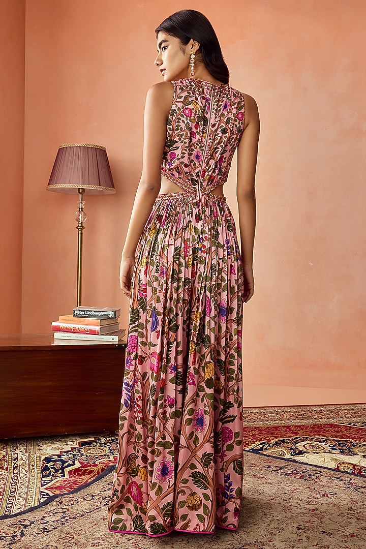 Dusky Pink Satin Silk Floral Printed Maxi Vacation Dress by Punit Balana at Pernia's Pop Up Shop