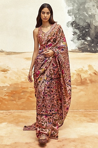 Dusky Pink Silk Floral Printed & Embroidered Saree Set by Punit Balana
